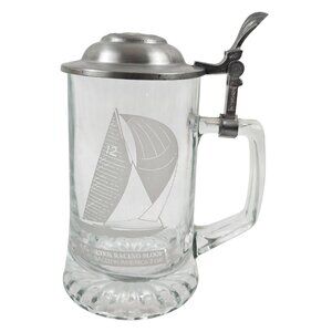 Alwe Beer Stein Pewter Lid 12m Racing Sloop Etched Clear Glass Germany Old Spice